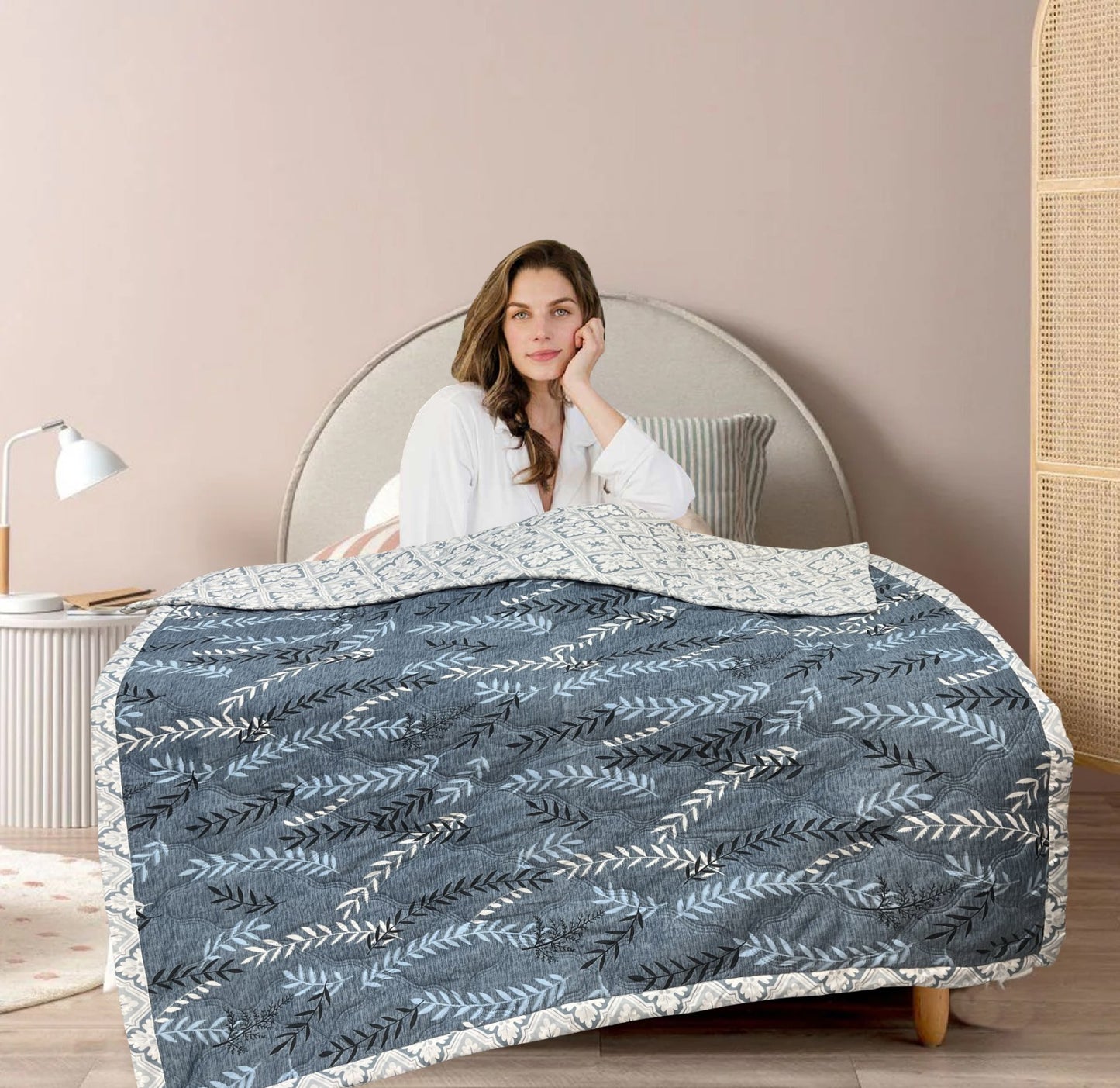 Grey Leaves 180 GSM AC Room Reversible Double Bed Comforter