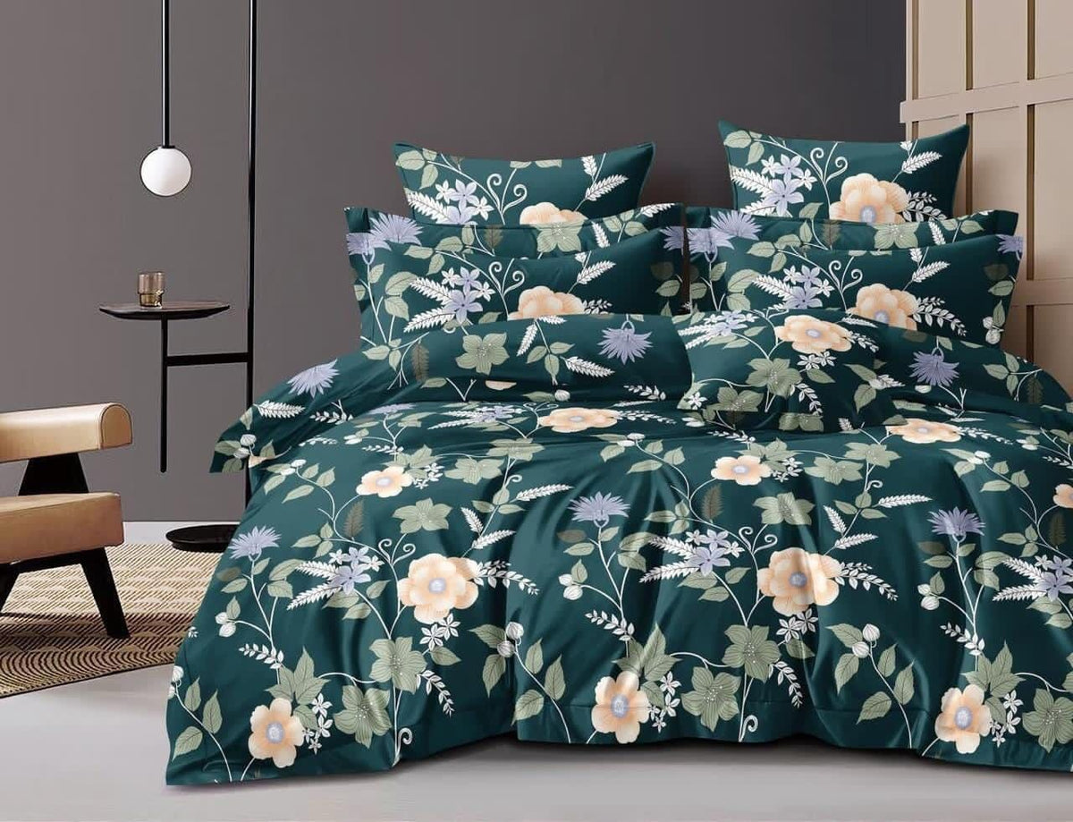 Teal Blossom – 210 TC Cotton Blend Bedsheet | King Size (BUY 1 GET 1 FREE)