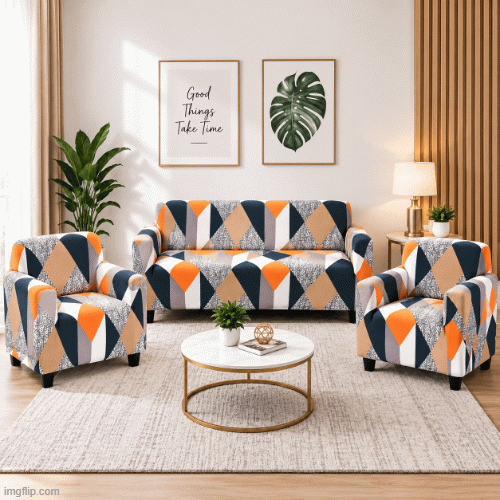Printed Stretchable  Elastic Sofa Cover Set 3 Seater & 1 Seater | Geometric Design