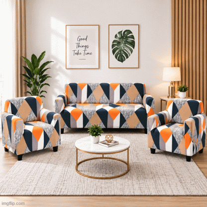 Printed Stretchable  Elastic Sofa Cover Set 3 Seater & 1 Seater | Geometric Design